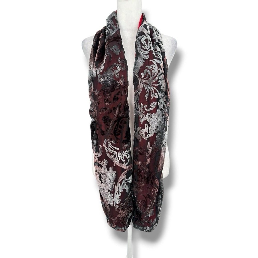 Burnout Velvet Floral Rectangular Scarf Burgundy Black Whimsygoth Gothic Y2K